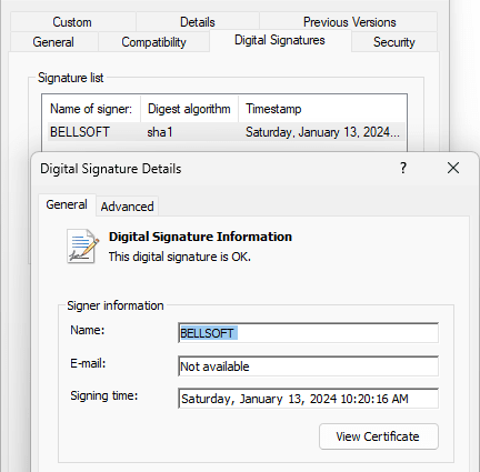 Liberica installation file properties